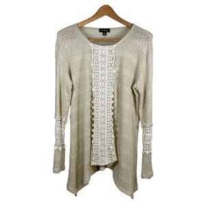 Cal Style Women's Sweater Bohemian Crochet and Lace Bell Sleeve Ivory Size XL
